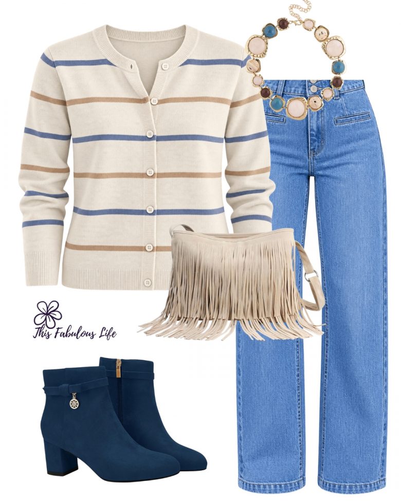 Cute beige and blue outfit for Fall