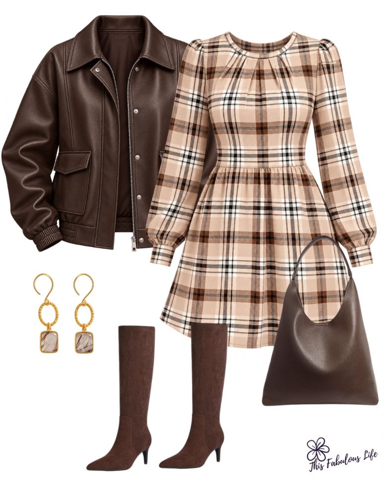 Plaid Dress and Brown Leather Bomber Jacket